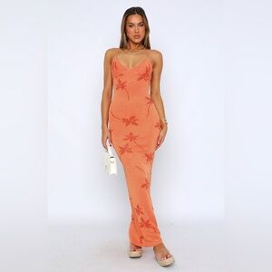 White Fox Boutique Trust Issues Tropical Floral Knit Maxi Dress Small Orange